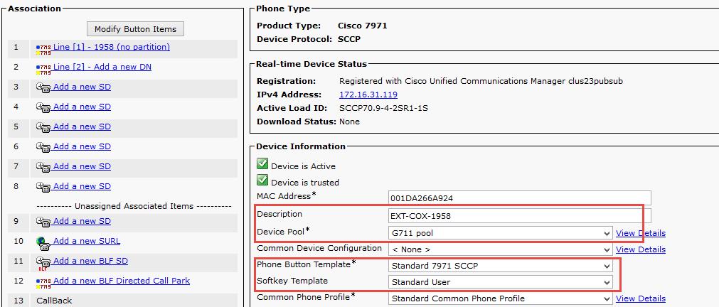 Cisco IP Phone 7971 SCCP Configuration Set MAC Address* = the below mac is used in this example Set Description = EXT-COX-1958.