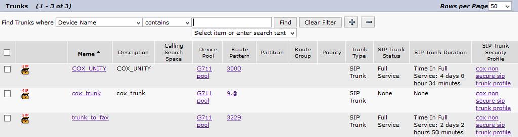 SIP Trunk to Cisco UBE Configuration Navigation: Device Trunk Set Device Name* = cox_trunk.