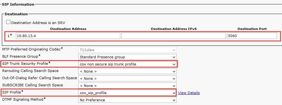 Set Destination Address = 10.80.13.4.IP address of the Unity Set SIP Trunk Security Profile = Cox Non Secure SIP Trunk Profile.