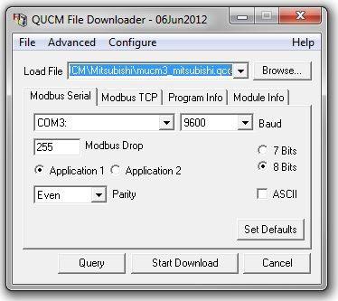 Figure 7.3: QLOAD Application 5. If necessary, Click on the Browse button and select mucm3_mitsubishi.qcc. 6. Click on the Modbus Serial tab and verify the following: 1.