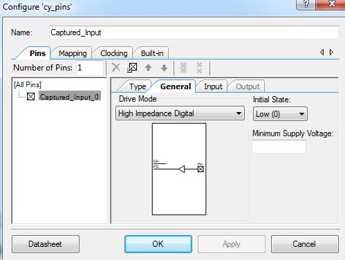 7 Sq_Wave_Out Port Measurement General-Purpose Input Output The GPIO (General Purpose Input Output) pin component named Captured_Input is configured in the Configure cy_pins window with Name assigned
