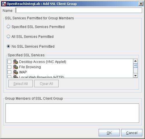 MyCompany : Add SSL Client Group Fill out this window as follows: Figure 7: Add SSL Client Group Name: Enter a new group name.