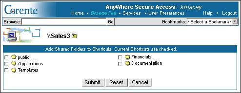 Figure 39: Shortcuts Adding Shortcuts To add a shared folder to a Shortcuts page, browse to the server where the shared folder is located. Click the Add button in the upper right corner of the window.