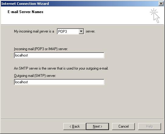 5. Select the protocol that your company uses for incoming mail. If you are not certain which is used, ask your administrator. In the field labeled Incoming mail (POP3 or IMAP), enter localhost.