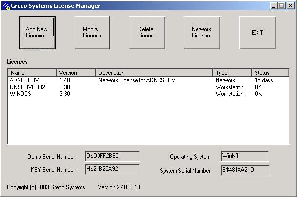 License Manager (Main) Window To access this module, click Start Programs Greco Systems License Manager, and from there click the License Manager icon.