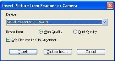 2. Select [ActiView Visual Presenter TWAIN] and click [Custom Insert].