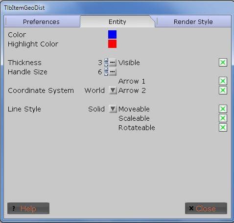 Entity Tab: Field Color Highlight Color Thickness Handle Size Coordinate System Line Style Visible Moveable Scaleable Rotateable Description Allows you to set the color of the object.