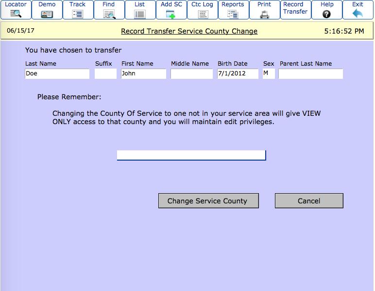 Step 9. Select the CHANGE SERVICE COUNTY option. The Record Transfer Service County Change screen will be displayed (see Figure 13).