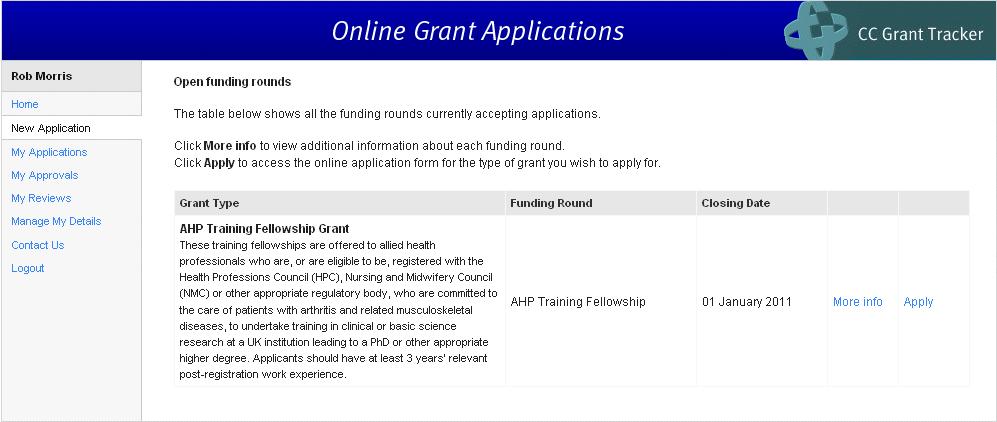 Figure 3 - The New Applications Page 1. The New Applications page is opened by clicking the link under New Grant Applications on the home page, or from the My applications screen. 2.