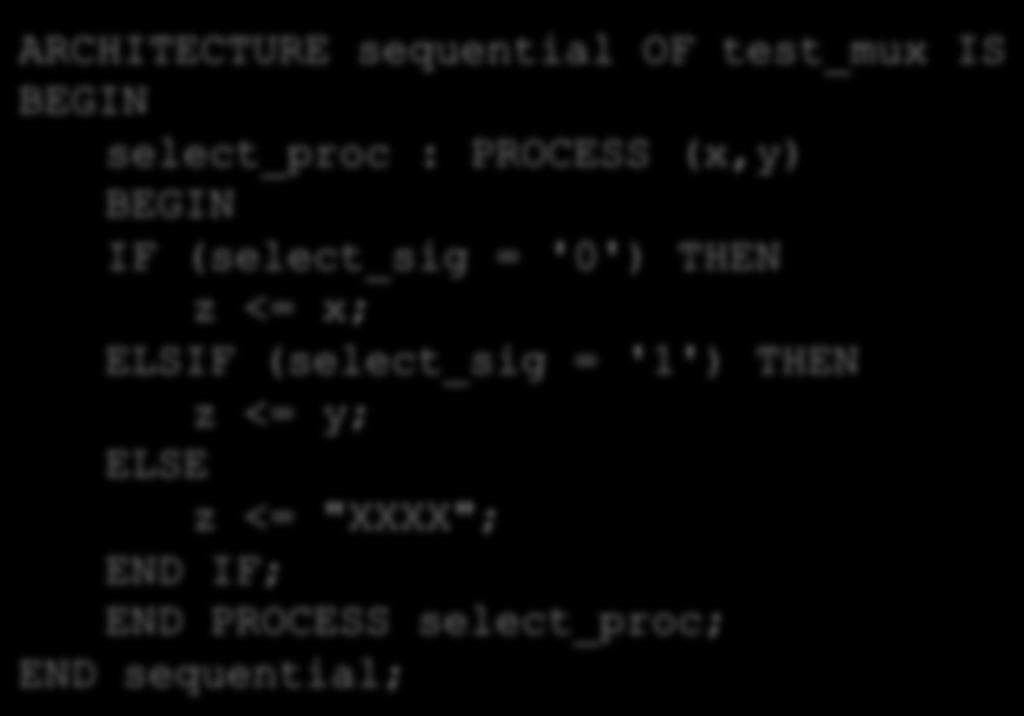 21 Sequential Statements Statements inside a process execute sequentially ARCHITECTURE sequential OF test_mux IS BEGIN select_proc : PROCESS