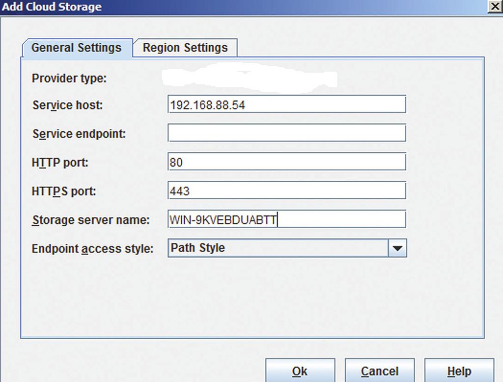 Storage server name: Enter the logical name you want to use in NetBackup Endpoint access style: Path Style (leave as is) Region Settings tab: Do not enter any region settings Click Ok.