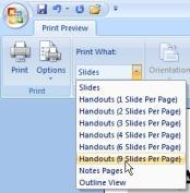 To print all slides on one page and preview how they will appear, click down-pointing arrow below Print What box, then click Handouts (9 Slides Per Page).
