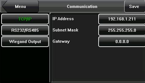 1 Network Settings When the FFR terminal communicates with the PC over Ethernet, you need to check the following settings: IP Address: The IP address is 192.168.1.201 by default and can be changed as required; the IP address of the FFR terminal and that of the PC cannot be duplicated.