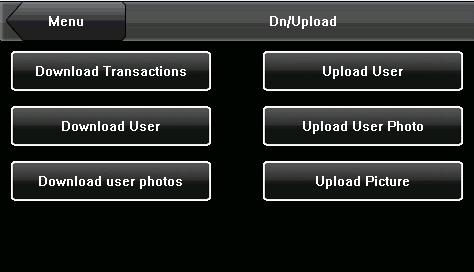 7. USB Disk Management Through the [Dn/Upload] menu, you can import user information and attendance data stored in a USB disk to related software or other fingerprint recognition equipment.