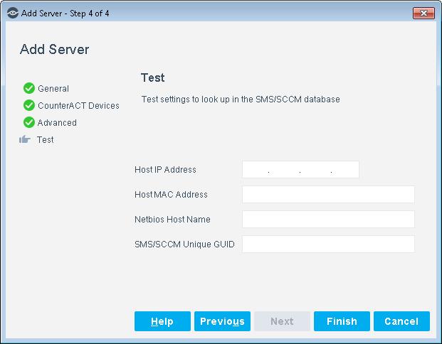 9. In the Test pane, configure endpoint information that is used to test communication with this server.