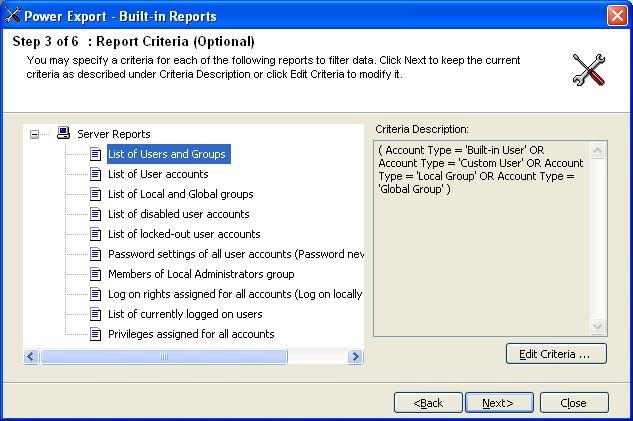 CHAPTER 7 Power Export 3) Specify the criteria to filter the report data using the checkboxes.