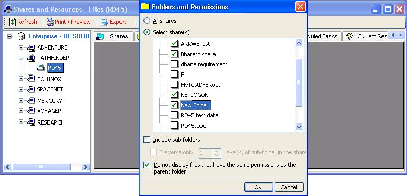 You can view permissions of files in a share or for all the shares in the selected server by selecting "All shares" option or "Select share(s)" option respectively.