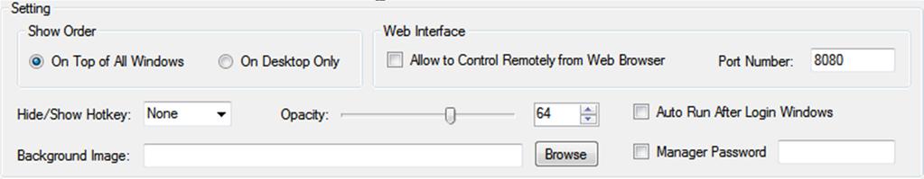 N-Button Lite supports settings for Show Order, Web Interface, Hide/Show Hotkey, Opacity, and Backgroud of