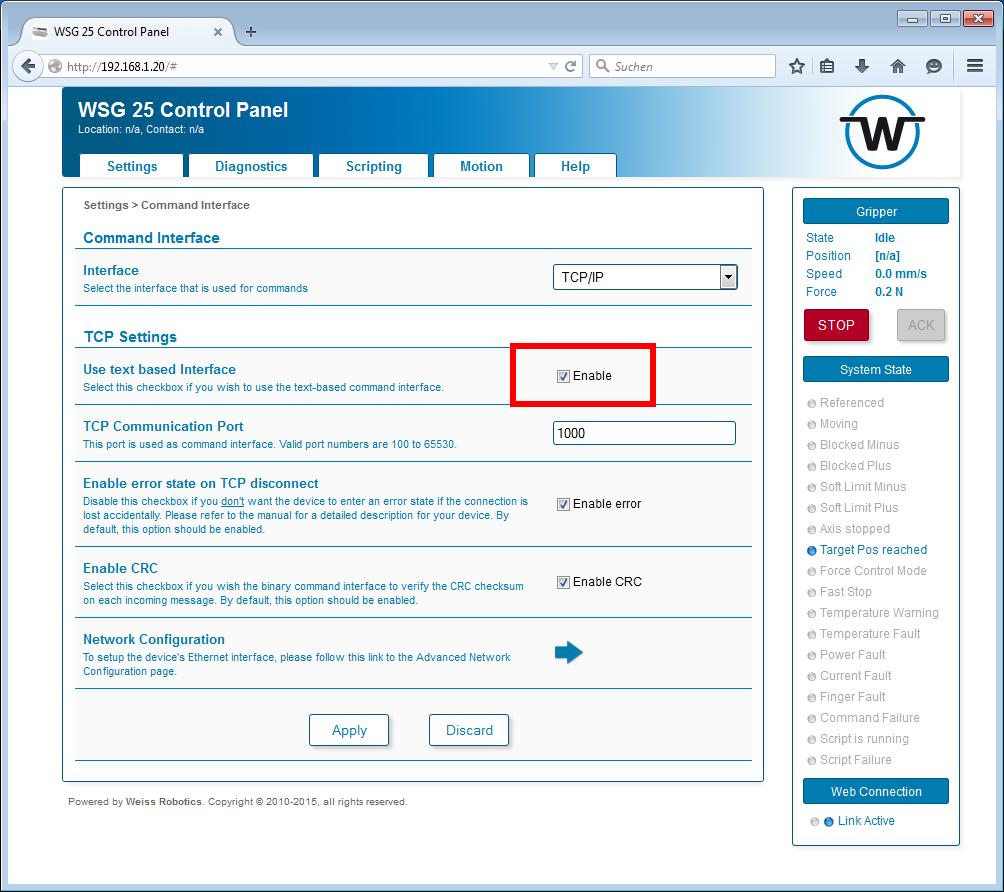 Figure 1: Enabling GCL on the web interface 1.2 Communicating with the WSG Regardless of the interface chosen above, the WSG now communicates with its client using the textbased protocol.