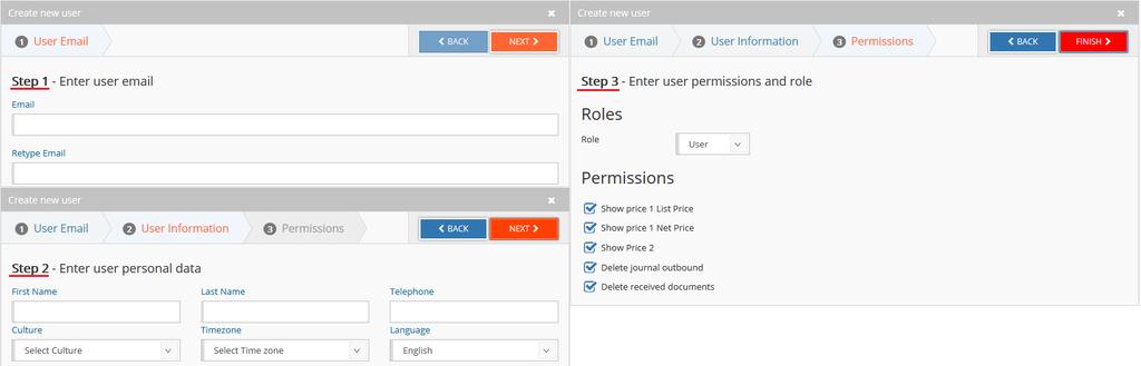 Figure 21: Create new user (consecutive masks) Step 1 - User e-mail E-mail: Enter here the user's e-mail address, which he will use in the future for the confirmation of the