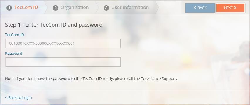 Registration for the TecWeb 5.0 with the TecCom ID and password 2.