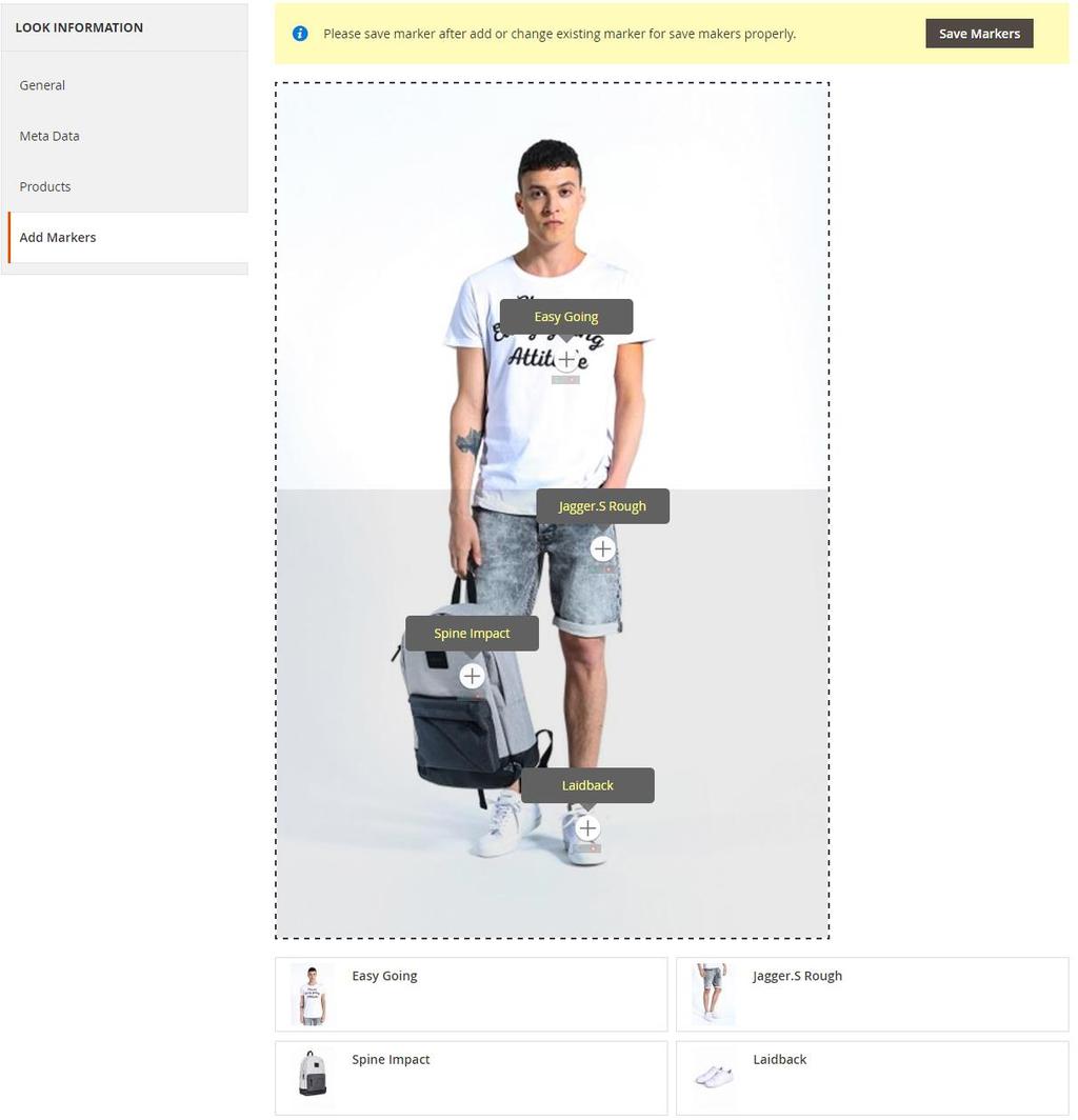 As you can see with above screenshot, the main image of look is on top and all assign/added products are listed below of images. The look image is covered with JS marker area.