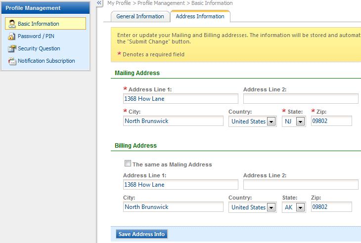 6.1.2 Address Information From Address Information tab of Basic Information, user can update