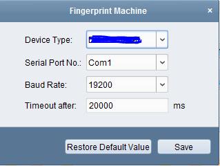 Click Set Fingerprint Machine to enter the following dialog box. 1) Select the device type. Currently, the supported fingerprint machine types include DS K1F800 F, DS K1F300 F, and DS K1F810 F.