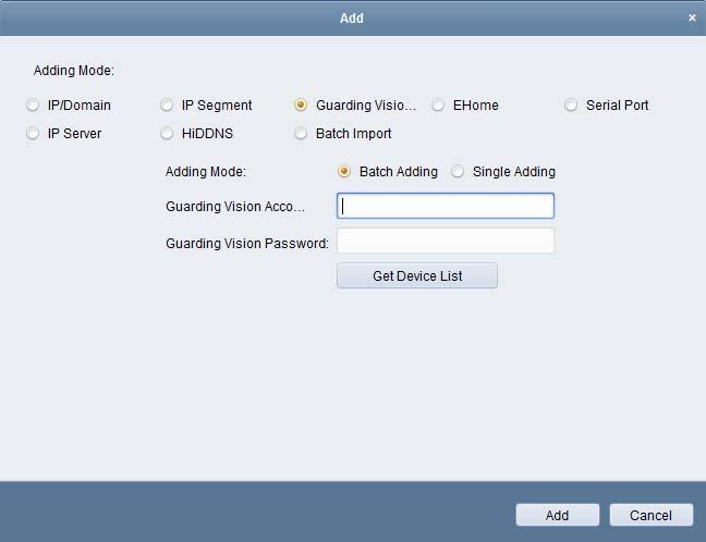 2. Select Guarding Vision Domain as the adding mode. 3. Select Batch Adding. 4. Input the required information.