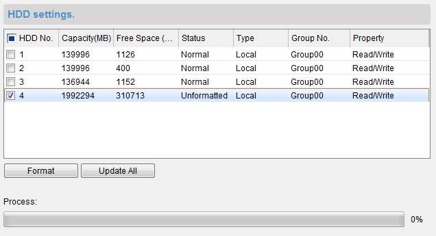 Click Storage >General, to enter the HDD Formatting interface. 3. Select the HDD from the list and click Format.