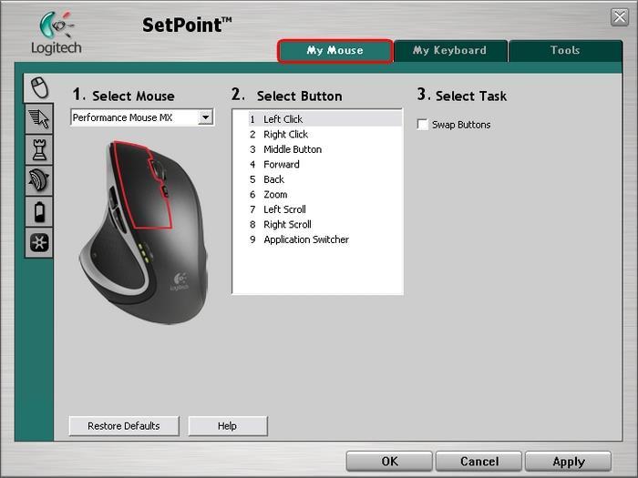 My Performance Mouse MX cannot be customized in Logitech software (SetPoint) Normally, you should be able to customize your Performance Mouse MX in the My Mouse tab in Logitech