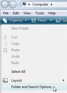 Click Folder and Search Options in the file menu under Organize. 3.