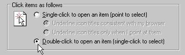 Under the General tab, make sure that the option 'Double-click to open an item' is
