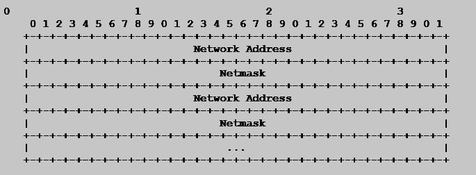Figure 6. OSLR HNA Message Format [RFC 3626] Network Address: The network address of the associated network. Netmask: The net mask, corresponds to the network address immediately above it. d.