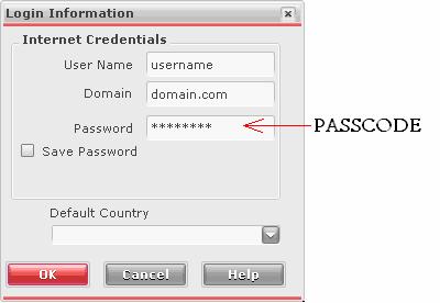 Example of a SecurID logon screen in ipassconnect: Clients using SecurID authentication with ipassconnect