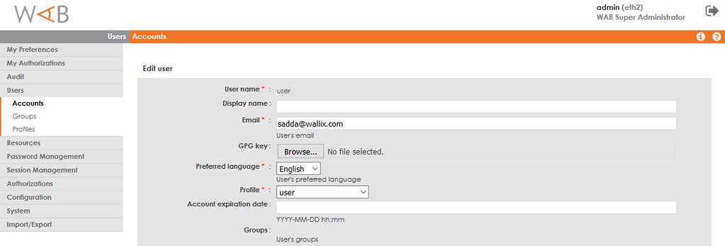 3. From the menu select Users> Accounts then select the user who is permitted use of the RSA SecurID token to identity.