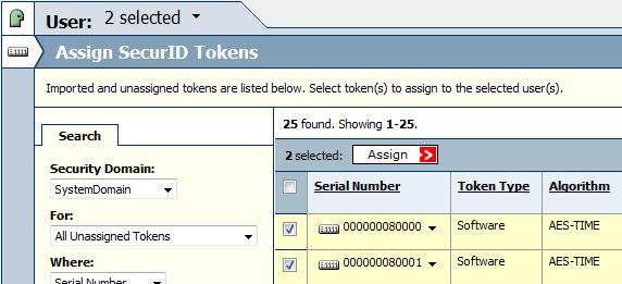 6. From the list of available RSA SecurID tokens on the Assign to Users page, select the checkbox next to the software tokens that you want to assign to the user.