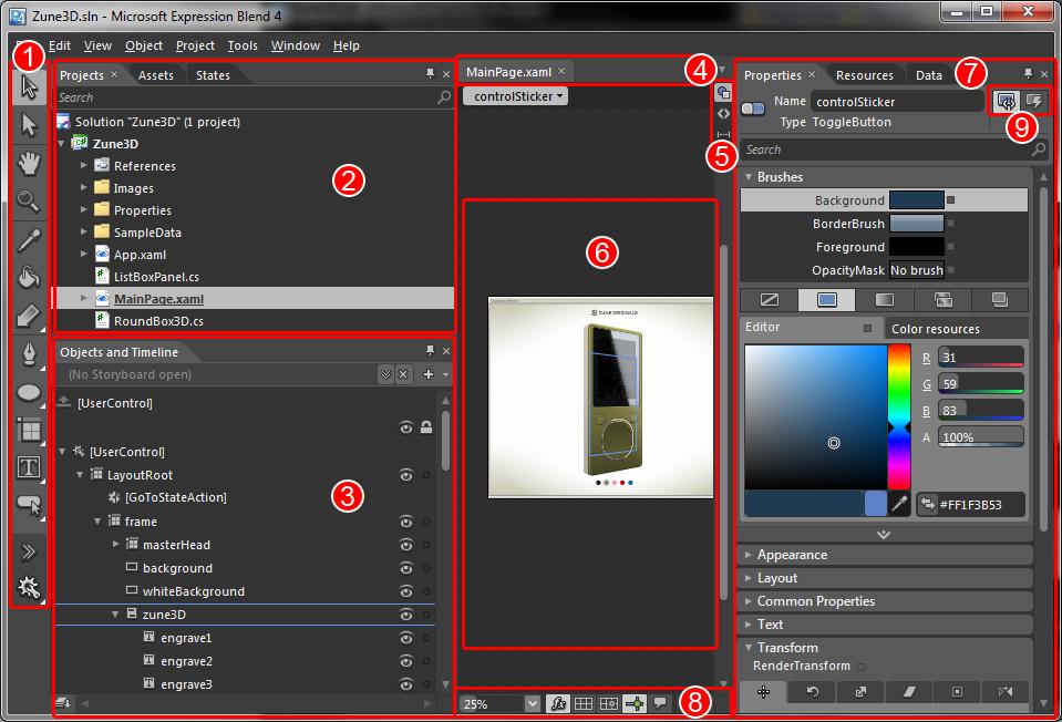 Obrázok 2: Jednotlivé časti prostredia Expression Blend 4 Zdroj: (Microsoft Silverlight, 2010) V ľavej časti. sa nachádza panel nástrojov (1), ktorý obsahuje často používané nástroje.