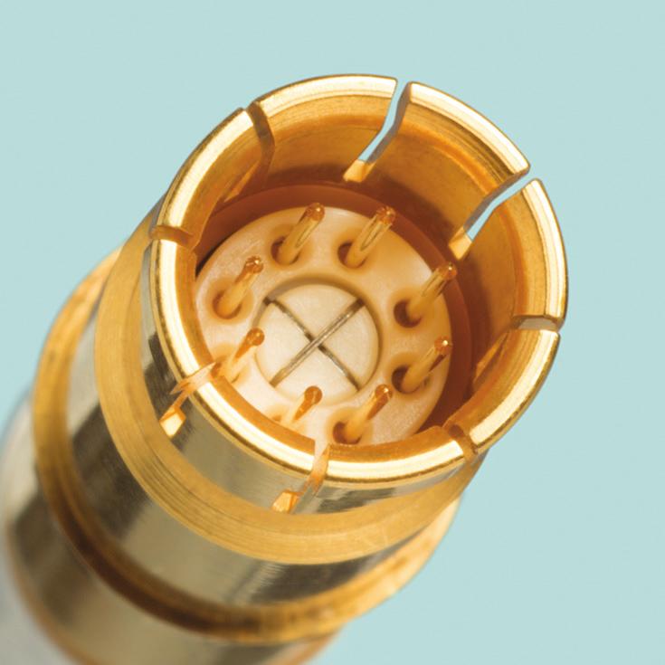 The connector is compatible with twinaxial cables and includes eight mini contacts divided into four quadrants that are shielded to minimize
