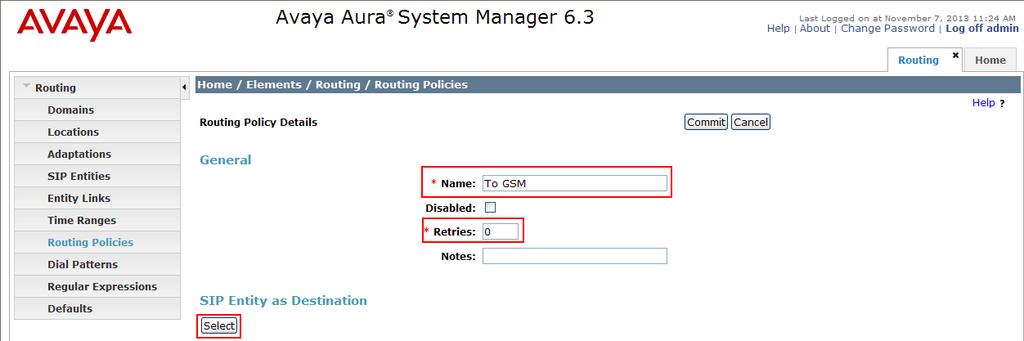 6.4. Create a Routing Policy for 2N VoiceBlue Next Create routing policies to direct calls to the 2N VoiceBlue via the Session Manager.