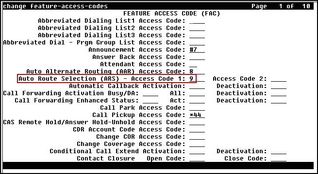 Use the change feature-access-codes command to configure 9 as the Auto Route Selection (ARS) Access Code 1.