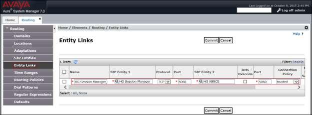 The following screen shows the entity link to Communication Manager: