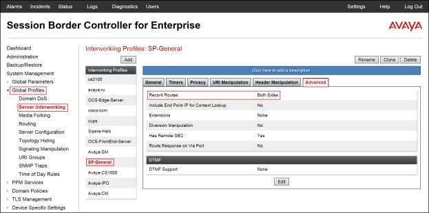The following screen capture shows the Advanced tab of the newly created SP-General Server Interworking Profile. 7.2.3.