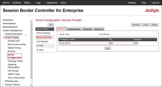 In the Add Server Configuration Profile - Advanced window: Select SP-General from the Interworking Profile.