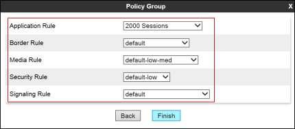 Similarly, to create an End Point Policy Group for the Service Provider SIP Trunk, select Add Group, under Group Name enter Service Provider. Application Rule: 2000 Sessions. Border Rule: default.