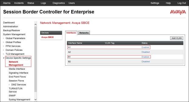 On the Interface Configuration tab, click the Toggle control for interfaces A1 and B1 to change the status to Enabled.