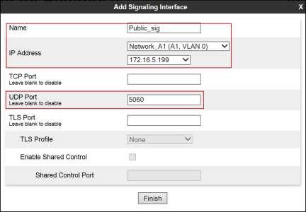 Below is the configuration of the outside, public signaling Interface of the Avaya SBCE. Select Add in the Signaling Interface area. Name: Public_sig.