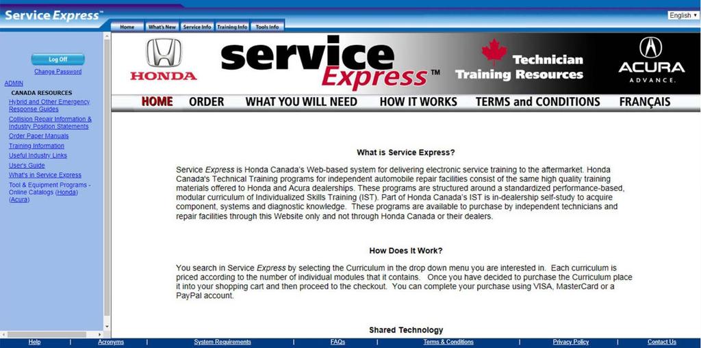 U.S. Training Info Screen To purchase Honda and Acura training modules,