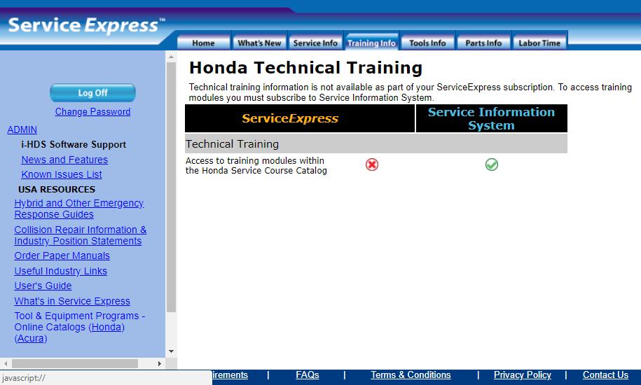 Training Info Screen To purchase Honda and Acura training modules,