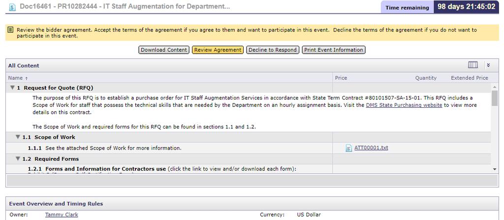 Vendor View The event clock shows the equote s remaining time - Vendors who wish to respond must click on Review Agreement